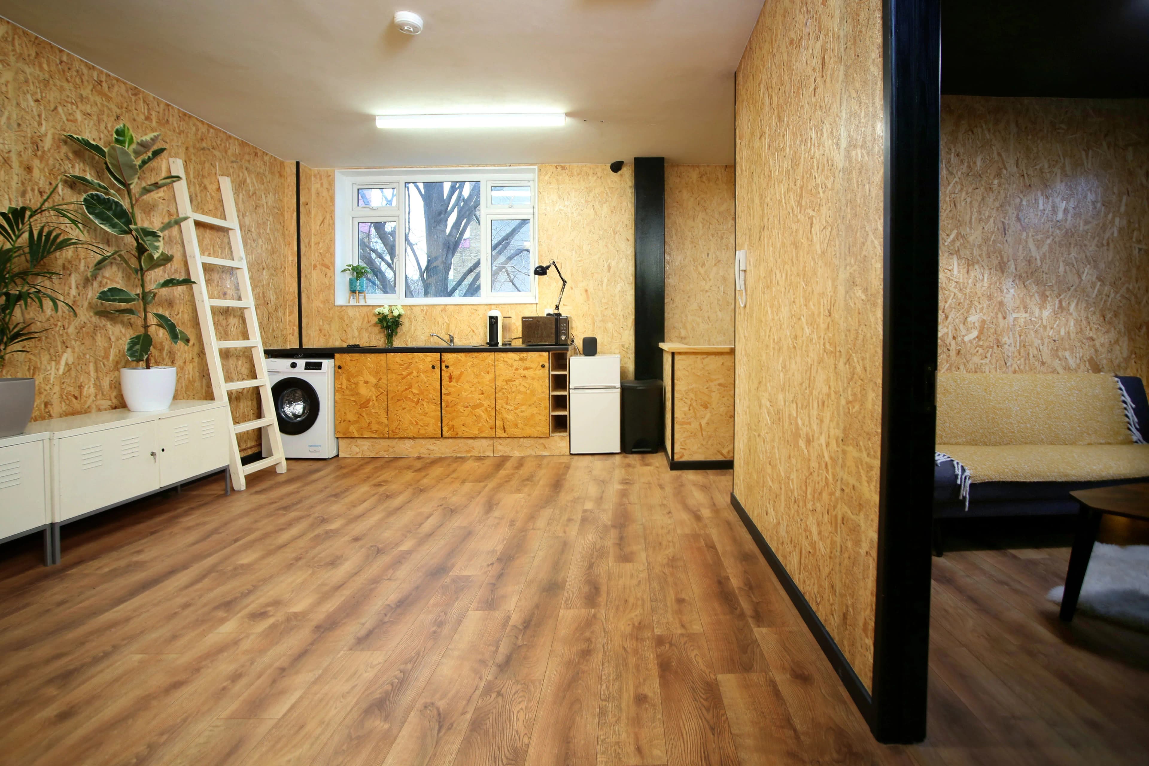 Upstairs wellness lounge for post-session relaxation
